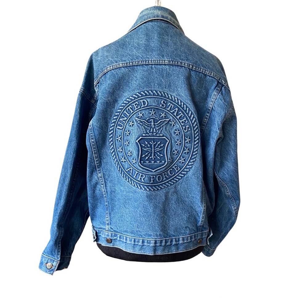 Vintage Embossed Air Force Denim Jean Jacket 100 Cotton Unisex Large